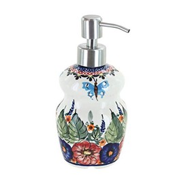 Blue Rose Polish Pottery - Blue Floral Butterfly Soap Dispenser - 6.75" Tall - Perfect for Vanity, Sink or Bathroom Décor