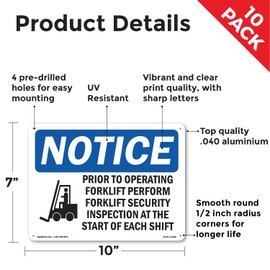 Prior To Operating Forklift Safety OSHA Notice Aluminum Sign 10 Inch x 7 Inch - 10 Pack