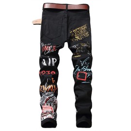 Enrica Men's Casual Color Printed Jeans Skinny Black Denim Pants (Black&Air, 34)