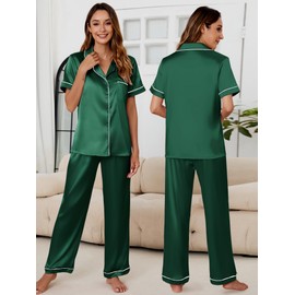 HDLTE 2 Piece Silk Pajamas for Women Set Button Down Lounge Sleepwear Womens Pj Outfits V Neck Nightwear (Green, 2XL)