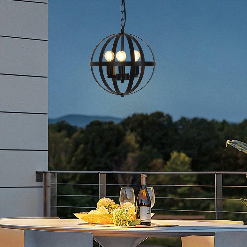 MOUFIER Solar Pendant Light,3-Light Globe Outdoor/Indoor Solar Chandelier,Black Metal Orb