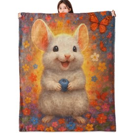 vnlvnl Cute White Mouse Blanket Lightweight Flannel Blankets Gifts for Women Animal Holding Blueberry with Colorful Flower and Butterfly Printed Throw for Couch Chair Office Bedroom Decor, 60x50inch