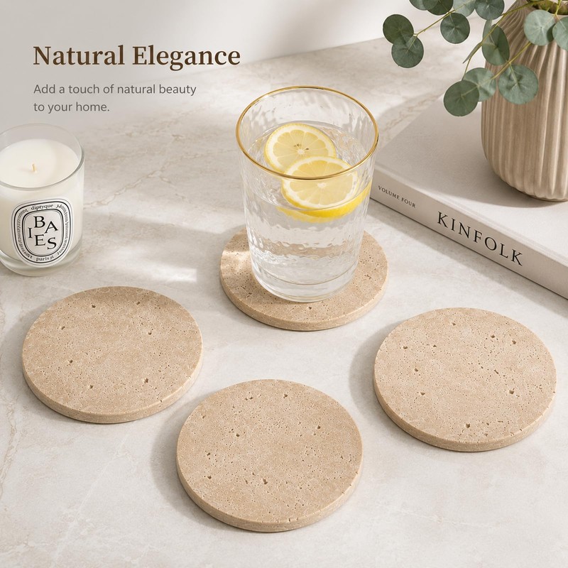 4" Natural Travertine Stone Coasters Set of 4,Round Stone Cup