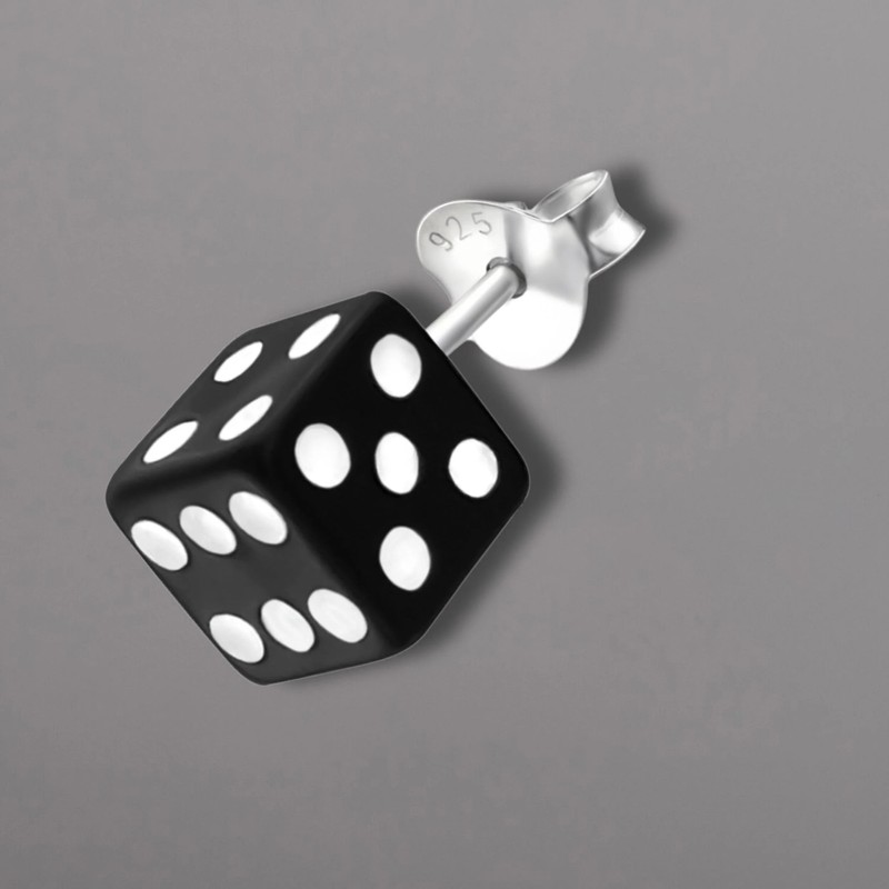 Black Dice Stud Earrings - Sterling Silver 0.5cm x 0.5cm