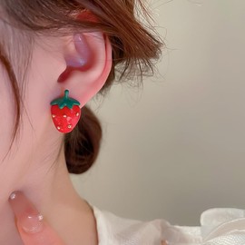 Cute Strawberry Stud Earrings for Women Teen Girls, Red Large Strawberry Fruit Earrings Sterling Silver Post Earrings Hypoallergenic Jewelry (Red)