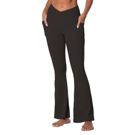 Sunzel Flare Leggings for Women with Pockets, Crossover Yoga Pants with Tummy Control, High Waisted and Wide Leg Side Pockets 32" Java Brown Small