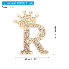PATIKIL Letter Brooch Pins, 2 Pcs Crown Initial Rhinestone Alphabet R Letter Lapel Badges Pin for Women Suits Dress Coat Clothes Craft, Gold/Silver Tone