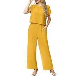 Lepunuo 2 Piece Outfit for Women Casual Cute Cap Sleeve and Cozy Wide Leg Pants Sets Tracksuit Streetwear Beach Set