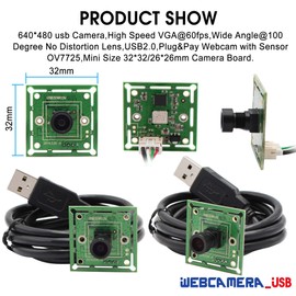 VGA USB Camera Module High Speed Wide Angle PC Camera for Computer 480P 60fps Mini UVC USB2.0 Webcam Board with 100degree No Distortion Lens CMOS OV7725 Industrial CCTV Lightburn Camera for Laptop
