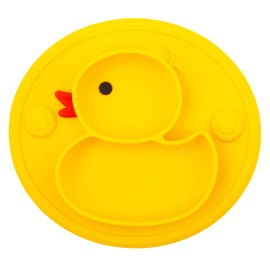 Silicone Divided Toddler Plates, Portable Non Slip Suction Plates for Children Babies and Kids BPA Free Baby Dinner Plate (Duck-Yellow)