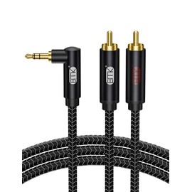 EMK Right Angle Jack 3.5mm to 2RCA Cable 90 Degree AUX Audio Cable Y Splitter RCA (R&L) Nylon Braided 3.5mm AUX Cord for Smartphone, Speaker, Soundbar, Turntable, TV, Car Stereo (3meters)