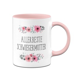 Tassenbrennerei Original - Tasse mit Spruch Allerbeste Schwiegermutter mit Blümchen als Geschenk für Schwieger-Mama (Rosa, Schwiegermutter)