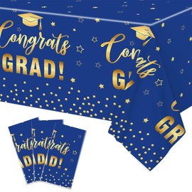 Lianxuia 3Pcs Graduation Tablecloths Class of 2025, 54 x 108 Inch Blue and Gold Dot Plastic Table Cover, Congrats Grad Table Cloth for Graduation Party Decorations 2025