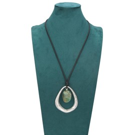 Popeoiuh Leather Necklace for Women Teen Fashion Vinatge Silver Alloy Teardrop-shaped Circles & Green Natural Stone Pendant Choker Bohemian Sweater Necklaces with Black Leather Chain