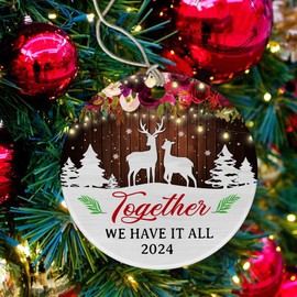 Oldchi Christmas Deer Ornament Flower and Light Wood, Tree Hanging Decorations, Winter Gift Ceramic Ornament, Deer Lovers Gift, Together We Have It All