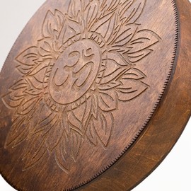 Sacred Wooden Rain Disk, Double-Sided Sound Healing Tool with Flower of Life and Aum Design, 8.6 Inch Diameter, for Meditation and Relaxation