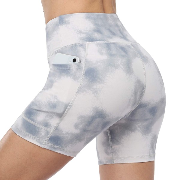 RAYPOSE Yoga Tie Dye Shorts for Women Workout Print Tummy Control Shorts Biker High Waist Shorts with Pockets 5” Ghost White-M
