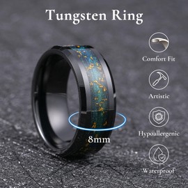 King Will 8mm Men's Wedding Bands Tungsten Carbide Rings Black Plated Polished Blue Green Sand&Gold Foils Inlay Beveled Edge Engagement Rings For Men Daily Wear Comfort Fit, Size 10
