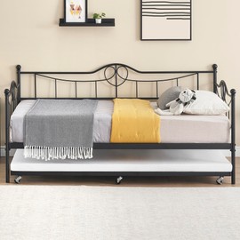 IDEALHOUSE Twin Daybed with Trundle, Twin Daybed and Pull Out Trundle Set, Metal Sofa Bed Frame with Steel Slat Support for Living Room, Bedroom and Guest Room, Black