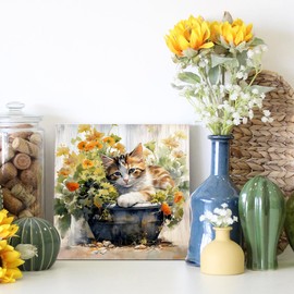 LAIART Cute Cat Wall Art Orange Flowers Canvas Print Picture Farmhouse Wall Decor (cat, 12.00" x 12.00")