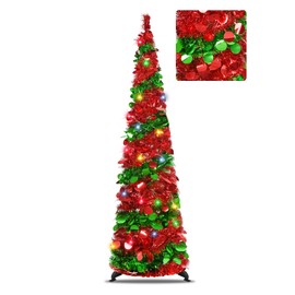 senlleo 5FT Artificial Christmas Tree Pop Up Christmas Tree ，Tinsel Coastal Pencil Tree ，with 5m Multi-Color 50 LED String Lights Holiday Home Party Supplies (Red, Green)