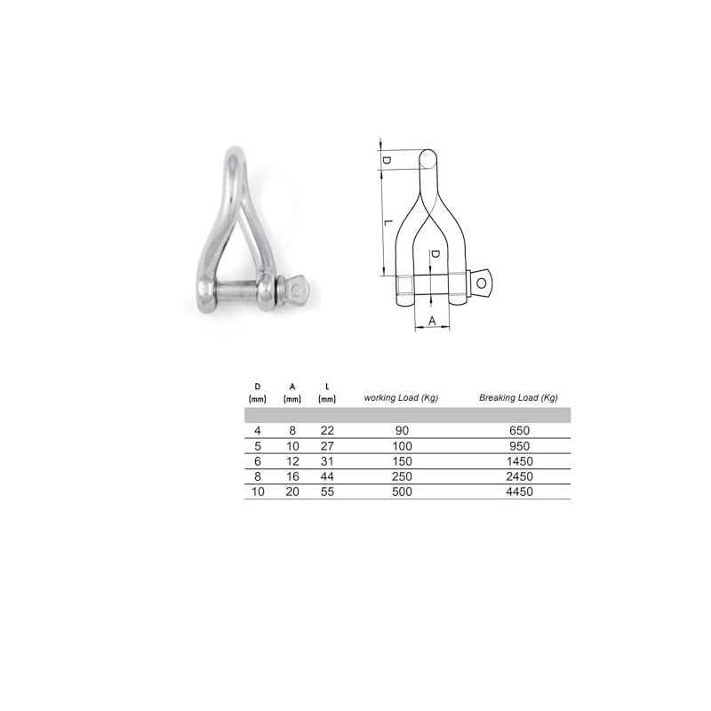 8mm Twisted Shackles Stainless Steel A4-Marine Grade (316) - for