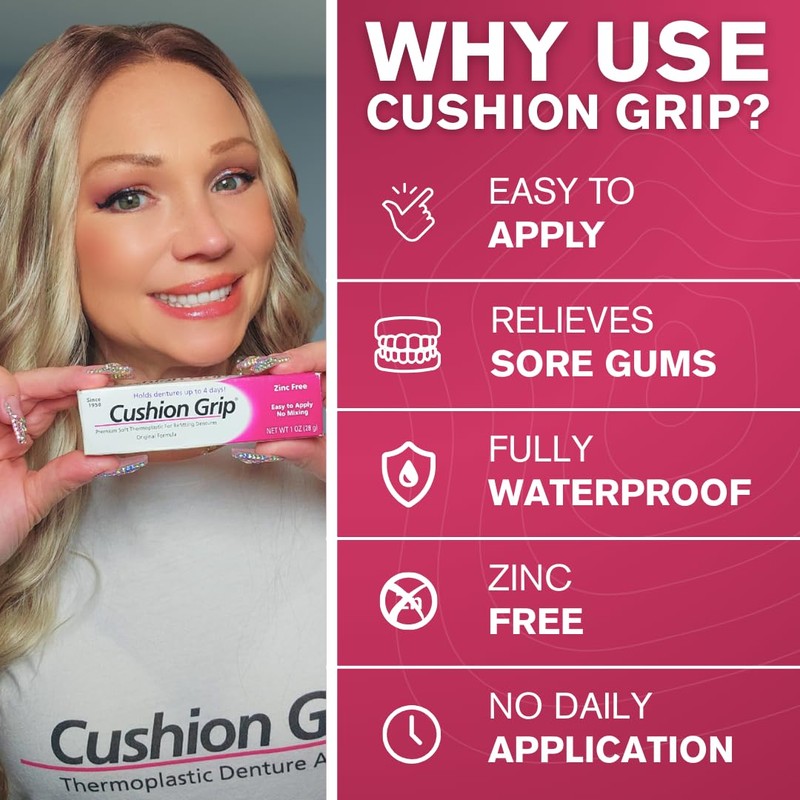 Cushion Grip Thermoplastic Denture Adhesive 1oz–Extra Strong Hold Up to