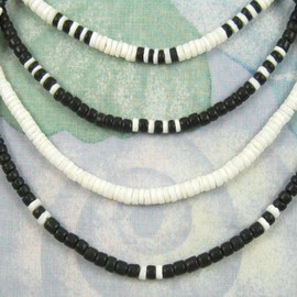 Native Treasure 14" (4 Pack) Mens and Womens Summer Beach Surfer Necklaces From the Philippines, Black Coconut Beads with White Clam Heishe Ark Shells, Mens Summer Necklaces