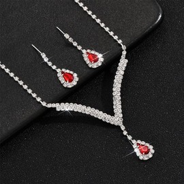 CCAIPU Rhinestone Necklace Bracelet Earrings Jewellery Set for Women, Adjustable Rhinestone Necklace Tennis Bracelet Dangle Earrings Bridal Wedding Sets Gifts for Ladies Girls (B-Red)