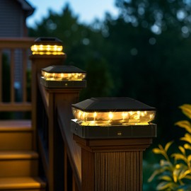 Solar Post Cap Lights, Upgraded Outdoor Deck Fence Post Solar Lights for 4x4 5x5 Wood/Vinyl Posts, IP65 Waterproof, 10-12 Hours Warm White Glow for Garden/Patio/Porch - 6-Pack, Dark Black
