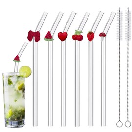 ZRLABL Reusable Glass Straws - 8" x 8 MM, Set of 6, Clear Glass Drinking Straws for Beverages (Red, Normal-6 PC Straws & 2PC Cleaning Brush) (Red-1)