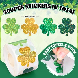 FYSUIMU 500Pcs Sparkly St. Patrick's Day Stickers Laser Green Yellow Shamrock Seal Stickers Glitter Lucky Clover Waterproof Self-Adhesive Decals for Envelope Journal Decor Irish Party Supplies