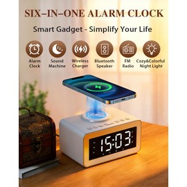 BYH Digital Alarm Clock for Bedroom, 15W Fast Wireless Charging Station, Bluetooth Speaker with White Noise Sounds, FM Radio, LED Night Light, Bedside Clock for Home & Office
