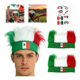 Peluca Mohawk Tricolor para Adultos – Pack con 2 Pelucas y Calcomanía Facial de México,Partido De Fútbol, Celebración Del Mundial,Decoracion Fiestas P