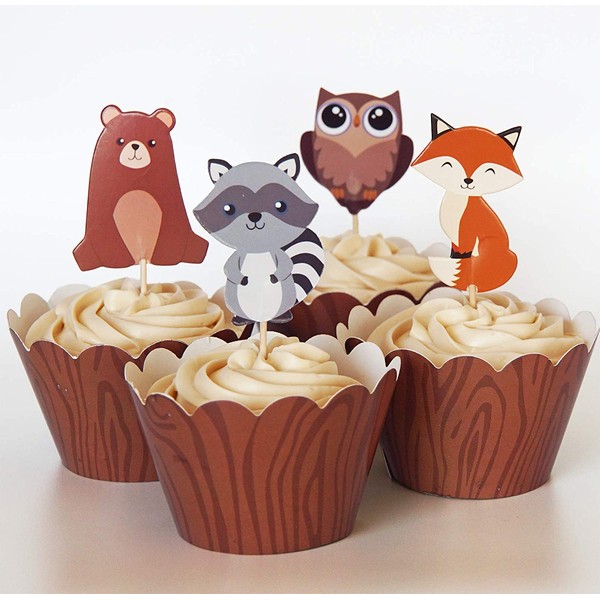 24 Woodland Animal Cupcake Toppers + 24 Wrappers - Red Fox Tail inc