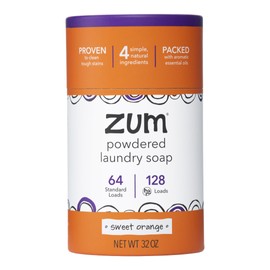 Zum Powdered Laundry Soap by Indigo Wild - Plant-Based Laundry Soap with Baking Soda, Coconut Oil & Essential Oils - 64 Loads (32 oz) - Sweet Orange