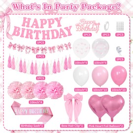 Pink Birthday Decoration for Women Girls, Bow Party Decorations Set Happy Birthday Banner, Bow Pink White Balloons, Heart Foil Balloons, Hair Clips, Pompoms Sash, Girl Princess Coquette Party Deco