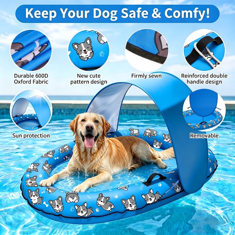 55 x 35 Inch Inflatable Dog Pool Float with Sunshade