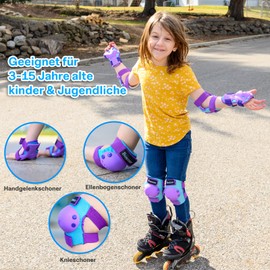BOSONER Knee Pads Children's Inline Skates Protectors Set of 6 Protectors Inline Skates Knee and Elbow Pads Protective Equipment Knee Pads Skateboard (1# Blue Purple, M (6-15 Years))