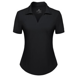 Womens Black Polo Shirts Short Sleeve V Neck Athletic Shirts Quick Dry Workout Tops with Curved Hem Black M