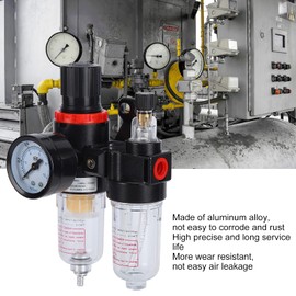 Air Filter Pressure Regulator, Pneumatic Compressors Water Oil Trap Separator Combo Double Gas Percolator Strainer Kit Accessories Tool with Gauge Lubricator Dryer Copper Elements 1/4 Inch NPT