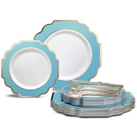 OCCASIONS 360 Pcs set (60 guest) Wedding Disposable Plastic Plate and Silverware Combo 10.5" + 8" + Silverware (Double Fork) (Imperial in White/Aqua & Gold Rim, Gold Silverware)
