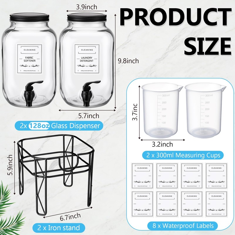 FillTouch 2 Pack 1 Gallon/128 oz Glass Laundry Detergent Dispenser,