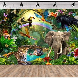 SVBright Safari Jungle Backdrop 7Wx5H Tropical Rainforest Animal Elephant Leopard Woodland Wildlife Palm Leaf Plant for Kids Boys Birthday Decorations Photography Background Banner Photo Booth Studio