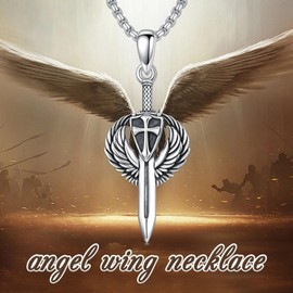 ROMANTICWORK Angel Wing Necklace 925 Sterling Silver Cross Sword Pendant Angel Wing Cross Jewelry for Fathers Day Birthday Christmas Gifts Men Women