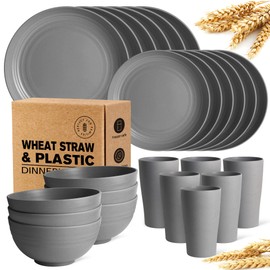 Teivio 24-Piece Kitchen Plastic Wheat Straw Dinnerware Set, Service for 6, Dinner Plates, Dessert Plate, Cereal Bowls, Cups, Unbreakable Plastic Outdoor Camping Dishes, Grey