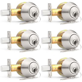 Probrico Satin Nickel Double Cylinder Deadbolt with 2 Side(Both) Keyed, Round Modern Contemporary Deadbolt Door Lock for Interior and Exterior, Different Keys, 6 Pack