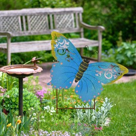 Waroom Home Decorative Butterfly Garden Decor Outdoor Butterfly Garden Stake Decor, Metal Butterfly Yard Stake Garden Insect Decor Patio Lawn Backyard Decor (Blue)