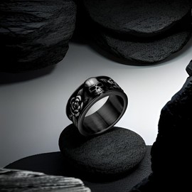 ELFASIO Keep Going Ring Gothic Black Rose Skull Rings for Men Women Band Skeleton Cocktail Party Biker Ring Size 13