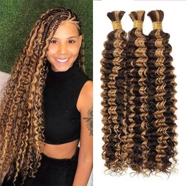 Honey Blonde Human Braiding Hair Deep Wave Bulk for Braiding 24 inch P427 Deep Wave Bulk Human Hair Weave 3 Bundles P4/27 Wet and Wavy Bundle
